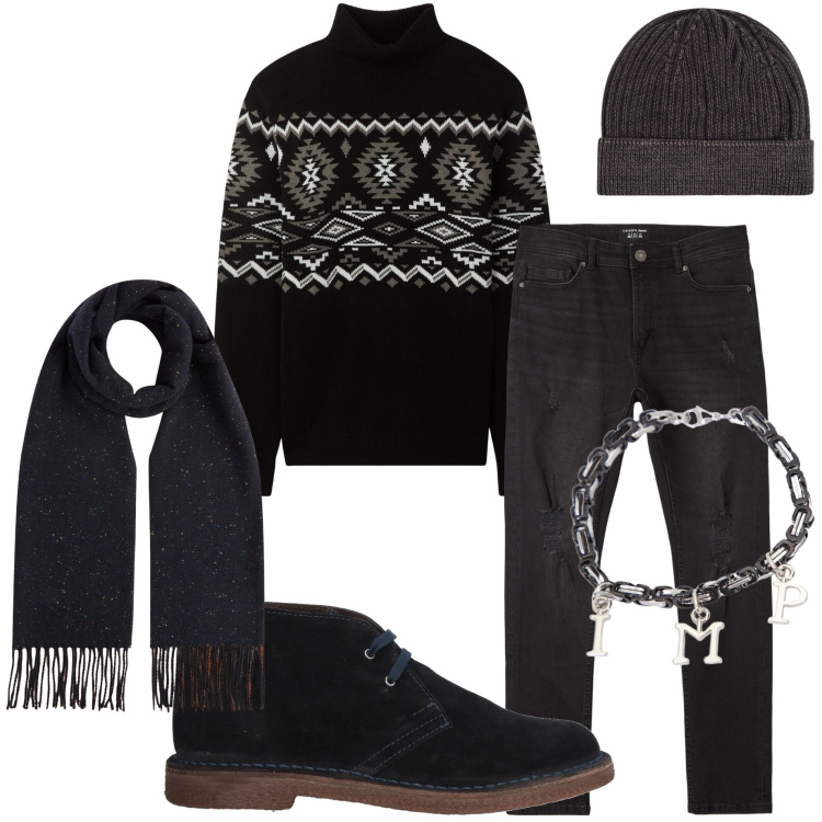 Outfit uomo - Total black. Stile Casual per Tutti i giorni. Abbinamento con stivali e stivaletti, maglieria, berretti, jeans strappati, braccialetti, sciarpe.