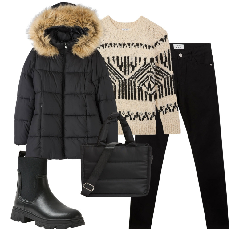 Outfit donna - Saldi Terranova. Stile Basic per Tutti i giorni. Abbinamento con shopping bag, piumini, maglieria, pantaloni, stivaletti chelsea.