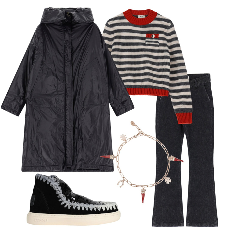 Outfit donna - In città. Stile Basic per Tutti i giorni. Abbinamento con stivaletti, braccialetti, jeans, parka, maglieria.