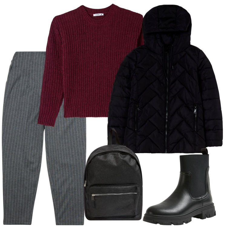 Outfit donna - Si torna a scuola. Stile Casual per Scuola/Università. Abbinamento con zaini, pantaloni chino, maglieria, blazer, stivaletti chelsea.