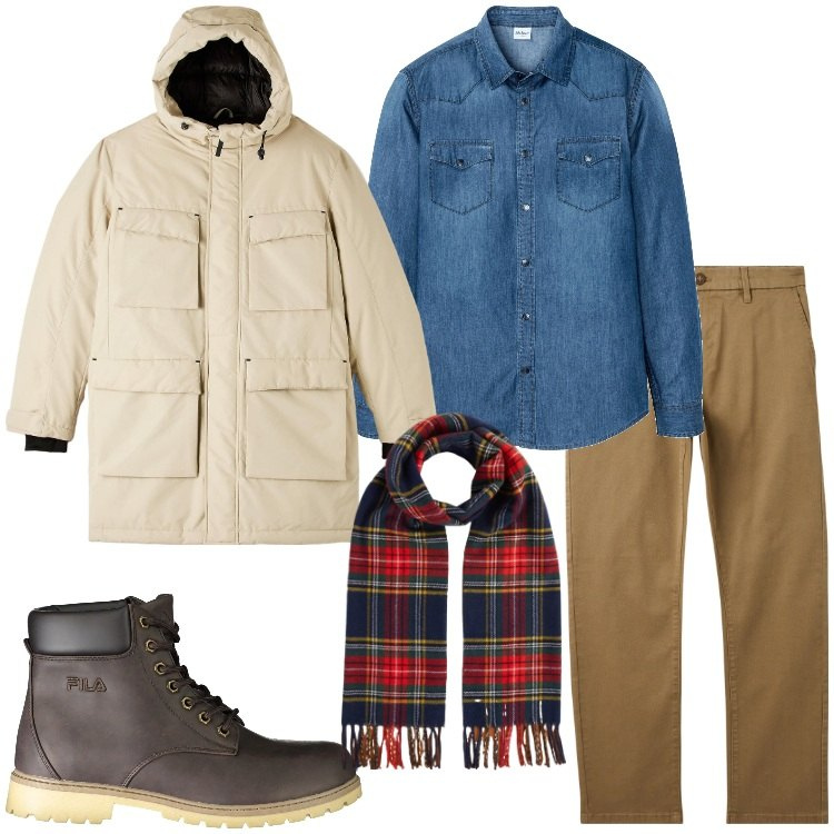 Outfit uomo - Camicia in denim. Stile Casual per Tutti i giorni. Abbinamento con camicie, parka, pantaloni chino, sciarpe, stivali.