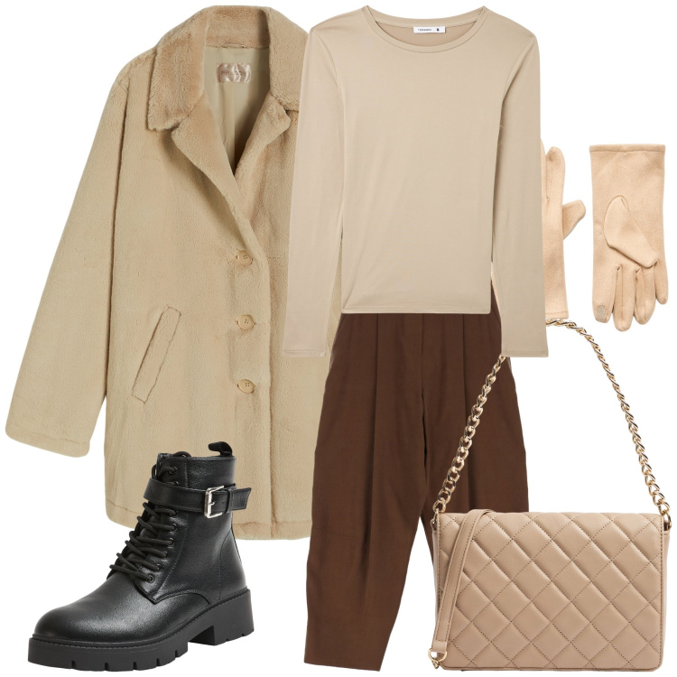 Outfit donna - Total look. Stile Bon Ton per Tutti i giorni. Abbinamento con guanti, anfibi, t-shirt, borse a tracolla, pantaloni, cappotti.