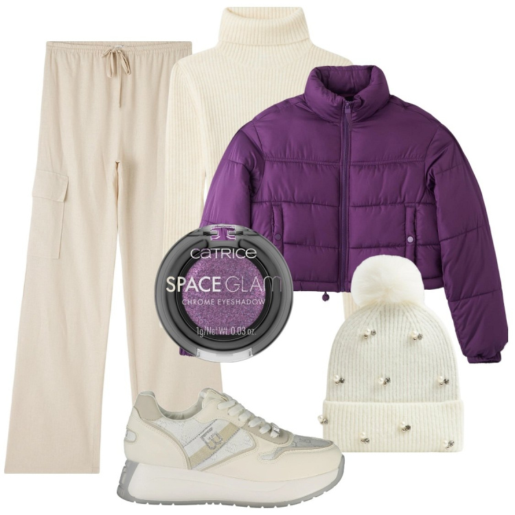 Outfit donna - City. Stile Casual per Tutti i giorni. Abbinamento con ombretti, pantaloni cargo, piumini, maglieria, berretti, sneakers.