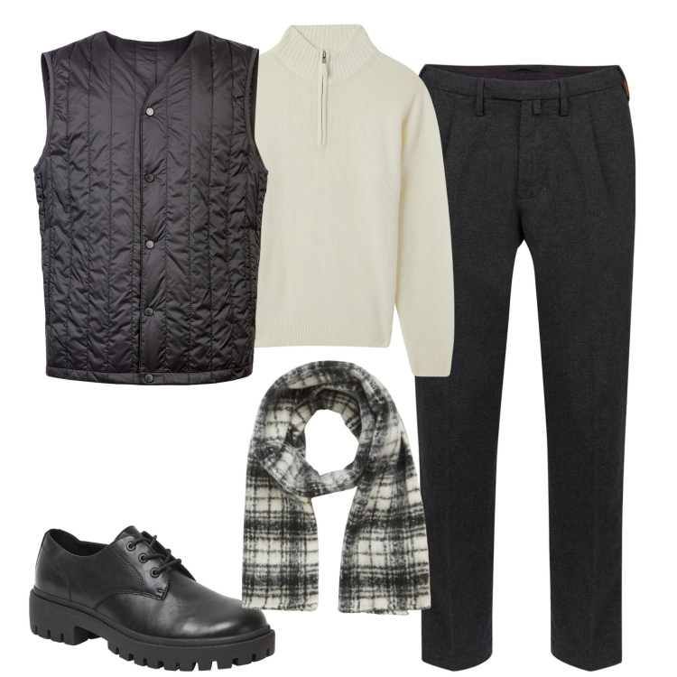 Outfit uomo - City. Stile Urban per Tutti i giorni. Abbinamento con maglieria, scarpe stringate, sciarpe, piumini, pantaloni.