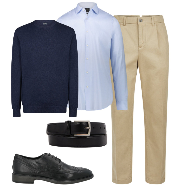 Outfit uomo - In ufficio. Stile Business/Elegante per Ufficio. Abbinamento con scarpe stringate, pantaloni, camicie, maglieria, cinture.