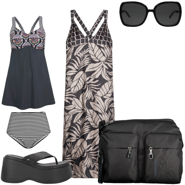 Outfit donna - Mare mare. Stile Trendy per Mare. Abbinamento con costumi interi, occhiali da sole, ciabatte, vestiti lunghi, borse a tracolla.
