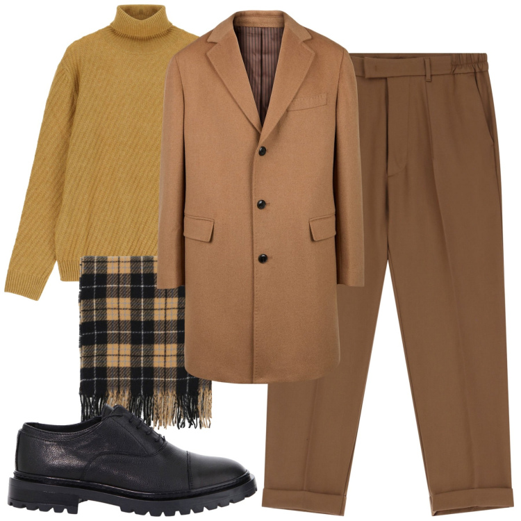 Outfit uomo - City. Stile Trendy per Tutti i giorni. Abbinamento con sciarpe, maglieria, scarpe stringate, pantaloni, cappotti.