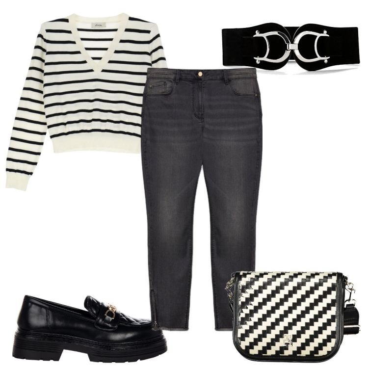 Outfit donna - Total look #2033241. Stile Trendy per Tutti i giorni. Abbinamento con cinture, mocassini, pullovers, jeans skinny, borse a tracolla.