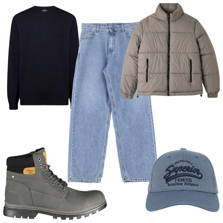 Outfit uomo - Total look #2033248. Stile Casual per Tutti i giorni. Abbinamento con cappelli con visiera, piumini, jeans, maglieria, stivali.
