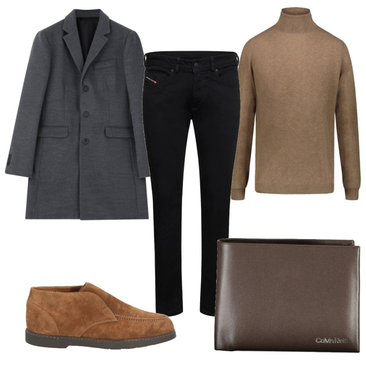 Outfit uomo - Total look #2033253. Stile Casual per Tutti i giorni. Abbinamento con stivali e stivaletti, cappotti, maglieria, jeans skinny, portafogli.