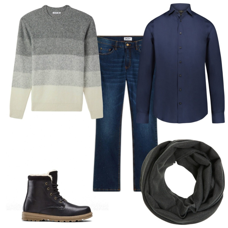 Outfit uomo - Total look #2033254. Stile Casual per Tutti i giorni. Abbinamento con stivali e stivaletti, jeans bootcut, maglieria, sciarpe, camicie.