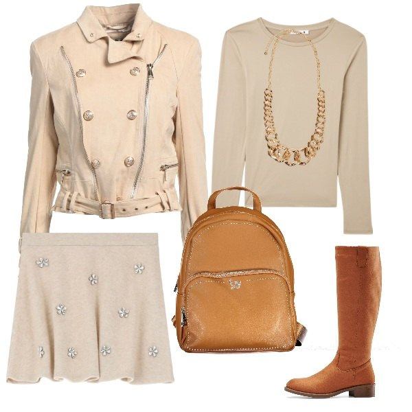 Outfit donna - Total look color sabbia. Stile Casual chic per Ufficio. Abbinamento con stivali, blazer, t-shirt, minigonne, collane, zaini.