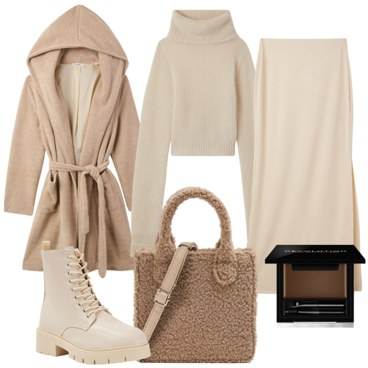 Outfit donna - Tono su tono terranova. Stile Casual per Tutti i giorni. Abbinamento con mascara, gonne lunghe, maglieria, shopping bag, anfibi, cappotti.