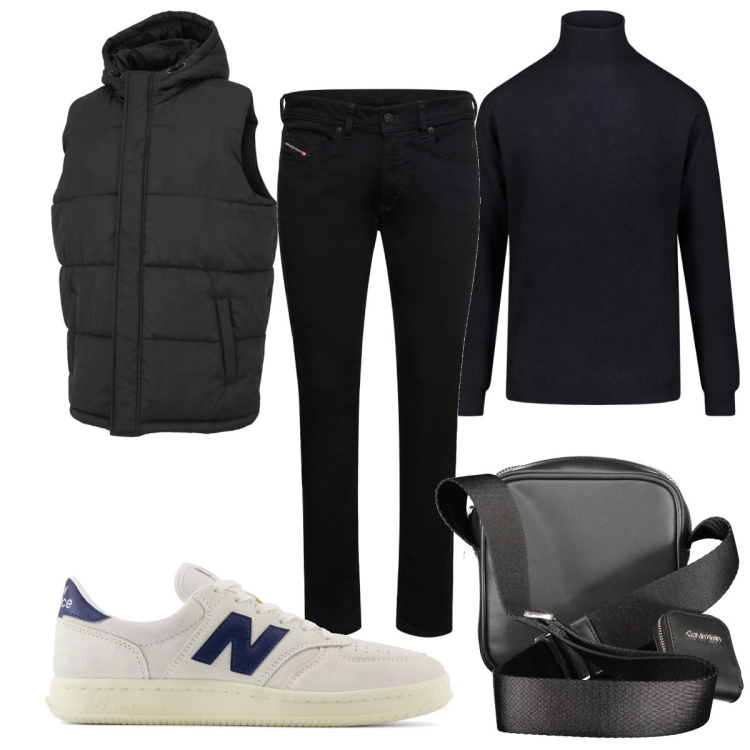 Outfit uomo - Total look #2033265. Stile Casual per Tutti i giorni. Abbinamento con sneakers, gilet, maglieria, jeans skinny, portamonete.