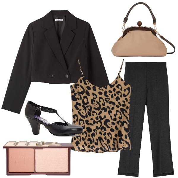 Outfit donna - Leopardato e nero. Stile Chic per Ufficio. Abbinamento con décolleté, blush, blazer, top, pantaloni, clutch.