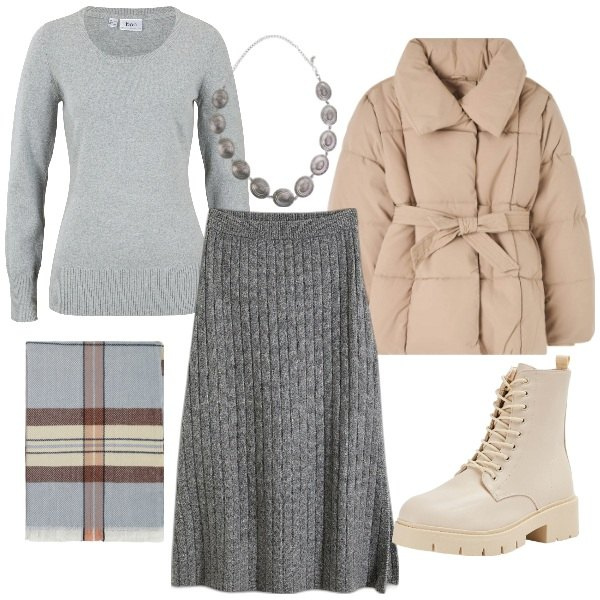 Outfit donna - Giornata fredda. Stile Urban per Tutti i giorni. Abbinamento con maglieria, gonne, anfibi, piumini, cinture, sciarpe.