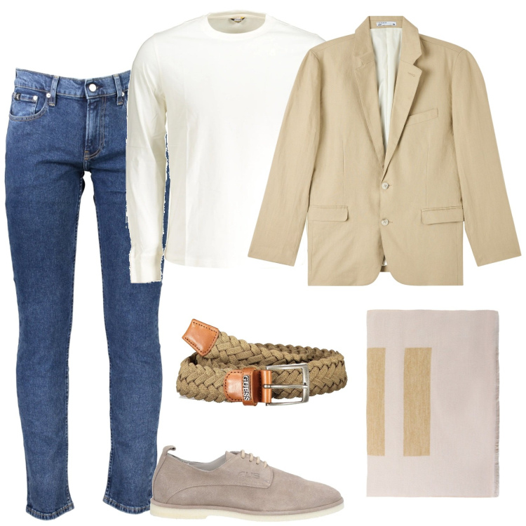 Outfit uomo - Rientro soft in ufficio. Stile Casual per Ufficio. Abbinamento con scarpe stringate, giacche, sciarpe e foulard, t-shirt, jeans slim fit, cinture.