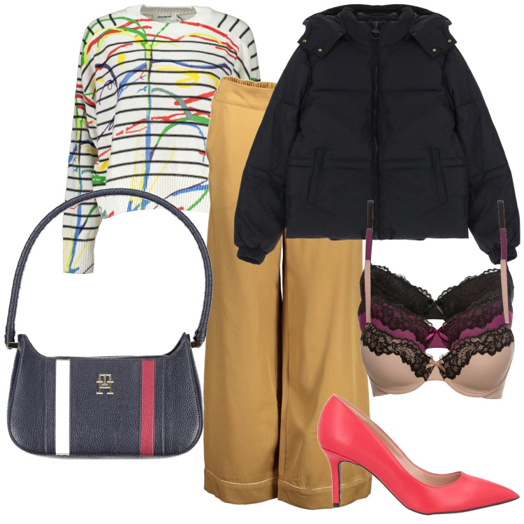 Outfit donna - Total look. Stile Urban per Ufficio. Abbinamento con reggiseni, décolleté, piumini, pantaloni, maglieria, borse a spalla.
