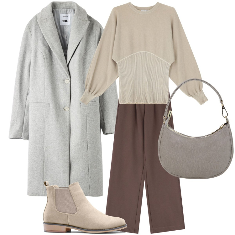 Outfit donna - Il cappotto grigio ghiaccio. Stile Trendy per Ufficio. Abbinamento con stivaletti chelsea, cappotti, maglieria, pantaloni, borse a spalla.