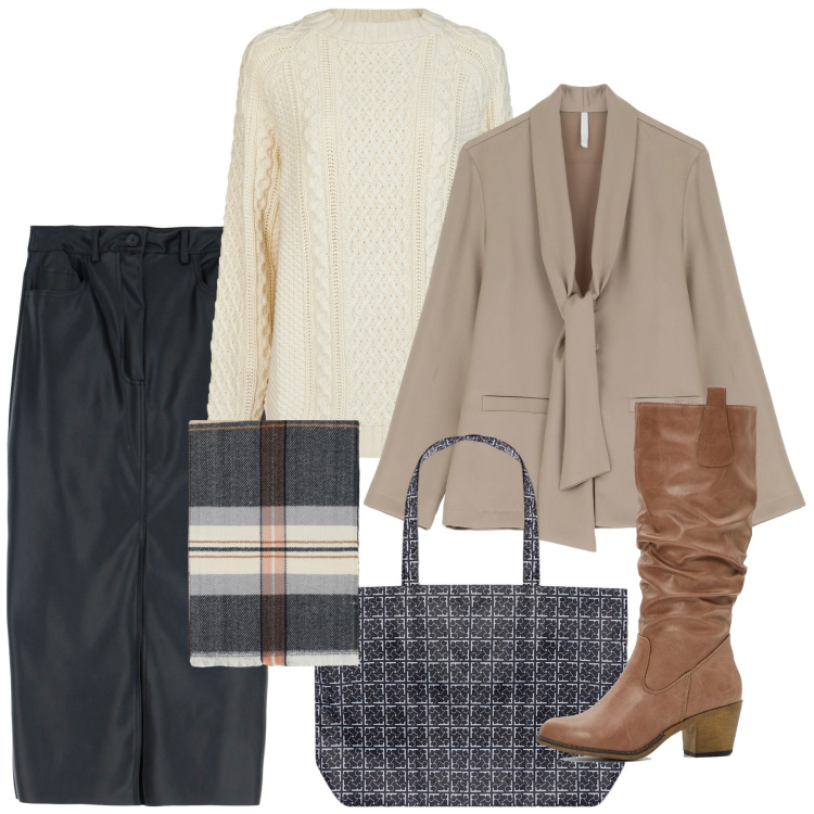 Outfit donna - Sobria e chic. Stile Chic per Tutti i giorni. Abbinamento con stivali, sciarpe, blazer, gonne longuette, shopping bag, maglieria.