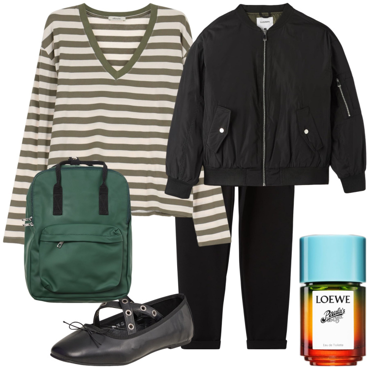 Outfit donna - Ancora due passi sul lungomare. Stile Basic per Mare. Abbinamento con profumi, ballerine, bomber, zaini, pantaloni, maglieria.