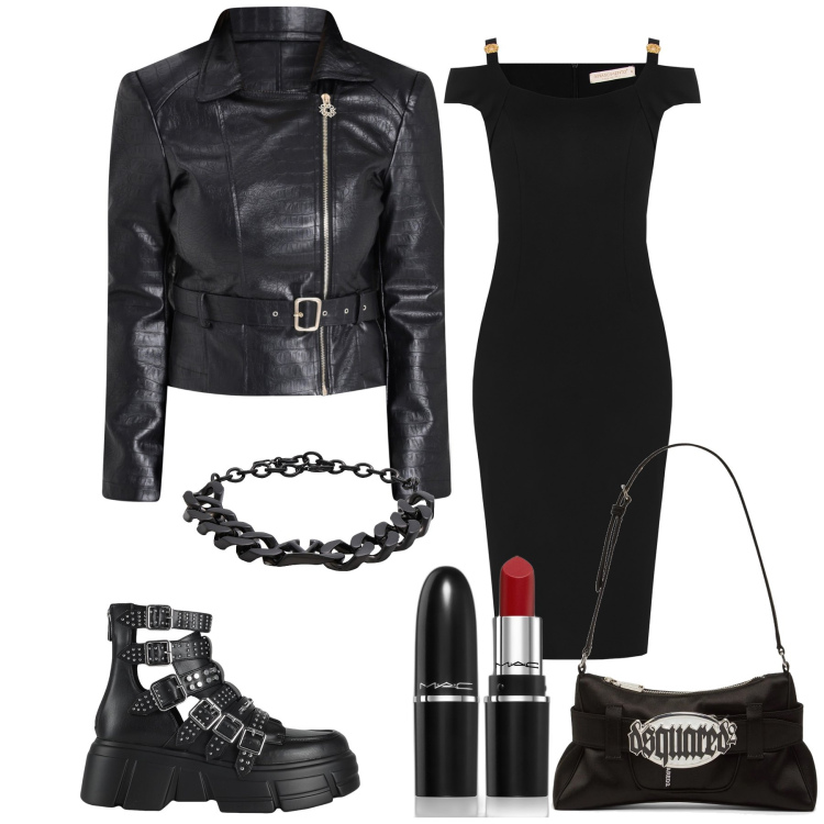 Outfit donna - Insolito rock. Stile Rock per Serata fuori. Abbinamento con braccialetti, stivaletti, rossetti, giacche, vestiti midi/longuette, pochette.