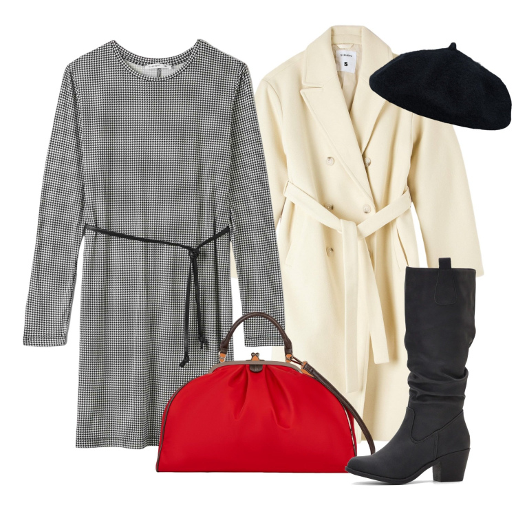 Outfit donna - Vichy e ecrù. Stile Bon Ton per Ufficio. Abbinamento con stivali, cappotti, vestiti midi/longuette, cappelli e berretti, borse a spalla.