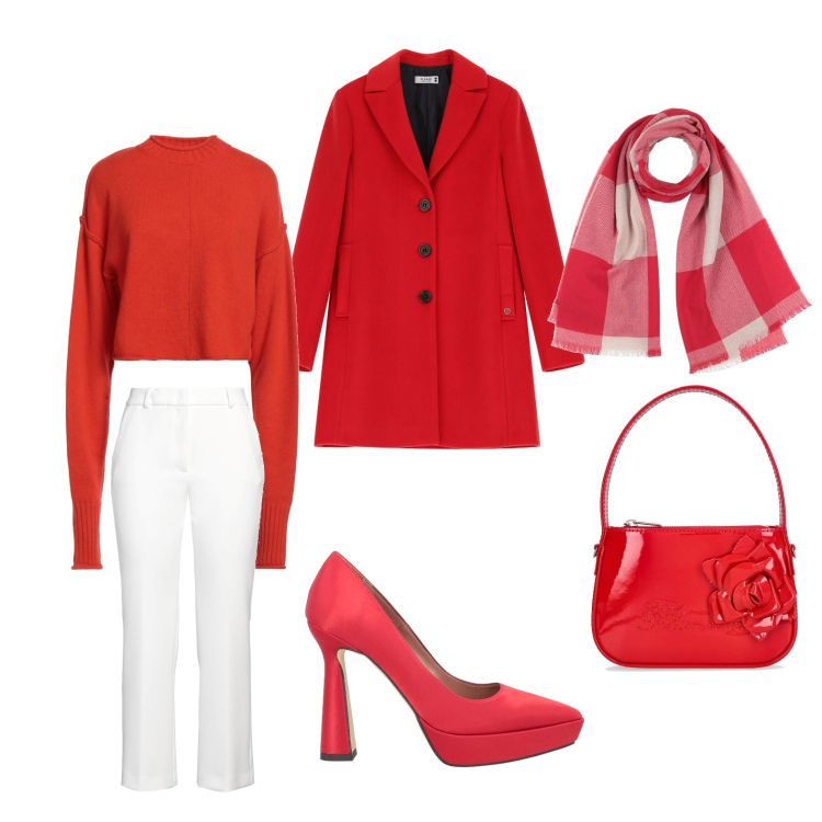 Outfit donna - Rosso di pomeriggio. Stile Casual chic per Tutti i giorni. Abbinamento con pullovers, pantaloni, décolleté, sciarpe, cappotti, borse a mano.