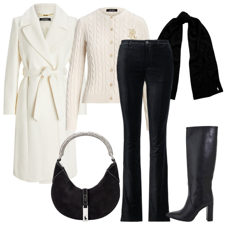 Outfit donna - Un nuovo anno, un nuovo stile. Stile Casual chic per Cerimonia. Abbinamento con stivali, cardigans, sciarpe, cappotti, borse a spalla, pantaloni.