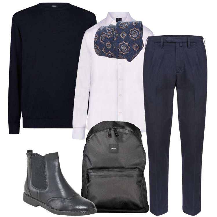 Outfit uomo - Eleganza in ufficio. Stile Business/Elegante per Ufficio. Abbinamento con stivali e stivaletti, cravatte, camicie, maglieria, pantaloni, borse sportive.