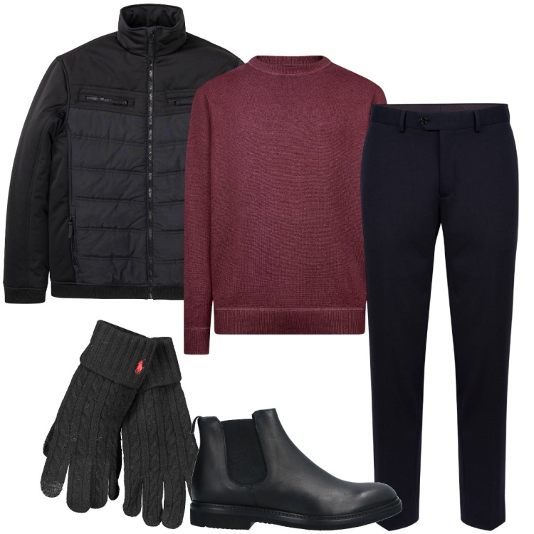 Outfit uomo - La maglia bordeaux. Stile Business/Elegante per Serata speciale. Abbinamento con stivali e stivaletti, piumini, pantaloni, maglieria, guanti.