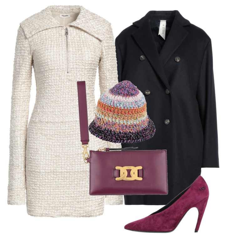 Outfit donna - Tocchi peony. Stile Chic per Tutti i giorni. Abbinamento con décolleté, cappotti, cappelli, pochette, vestiti corti.