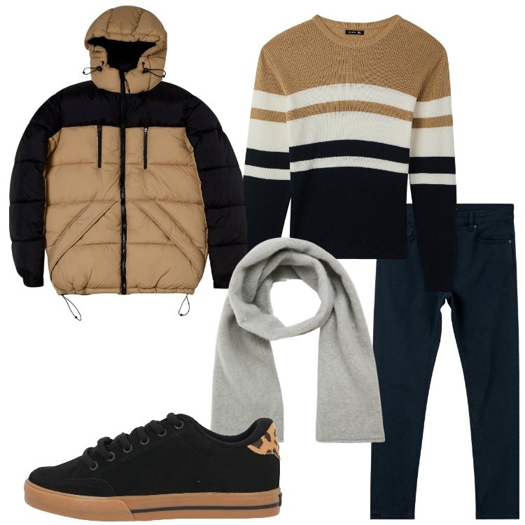 Outfit uomo - Arriva il freddo. Stile Casual per Tutti i giorni. Abbinamento con sneakers, sciarpe e foulard, giacche sportive, pantaloni skinny, maglieria.