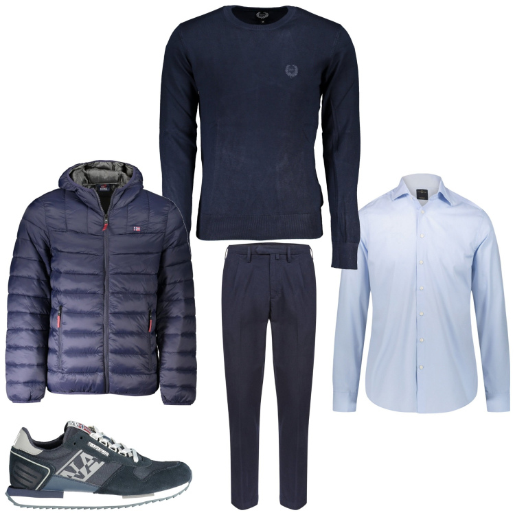 Outfit uomo - 2025 in blu. Stile Casual per Ufficio. Abbinamento con camicie, sneakers, giacche, maglieria, pantaloni.