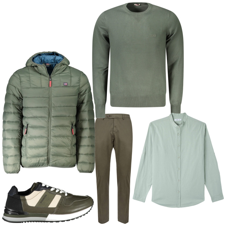 Outfit uomo - Verde 2025. Stile Business/Elegante per Ufficio. Abbinamento con camicie, pantaloni chino, sneakers, giacche, maglieria.