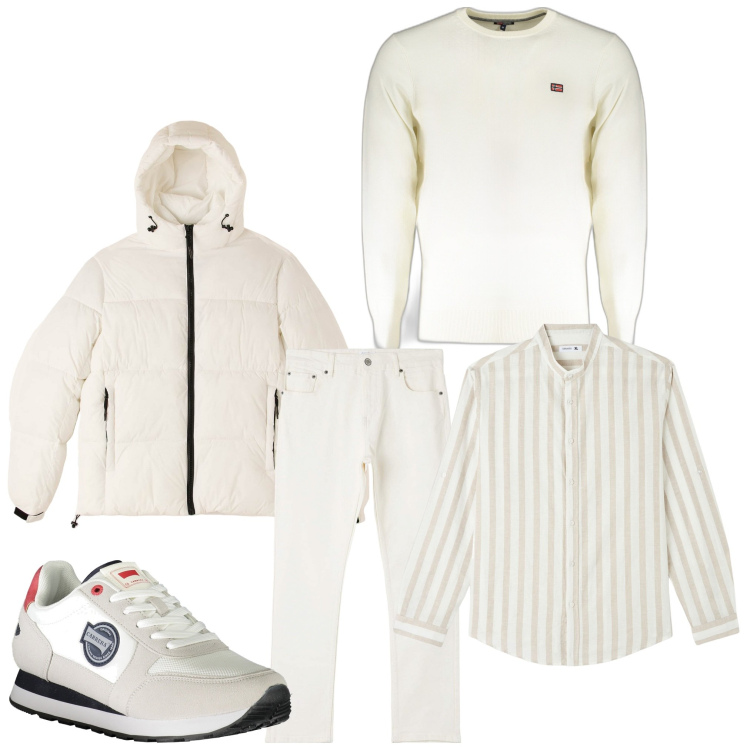 Outfit uomo - Bianco 2025. Stile Casual per Ufficio. Abbinamento con camicie, piumini, pantaloni, sneakers, maglieria.