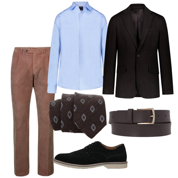 Outfit uomo - Eleganti contrasti. Stile Business/Elegante per Ufficio. Abbinamento con scarpe stringate, cravatte, camicie, giacche, pantaloni, cinture.