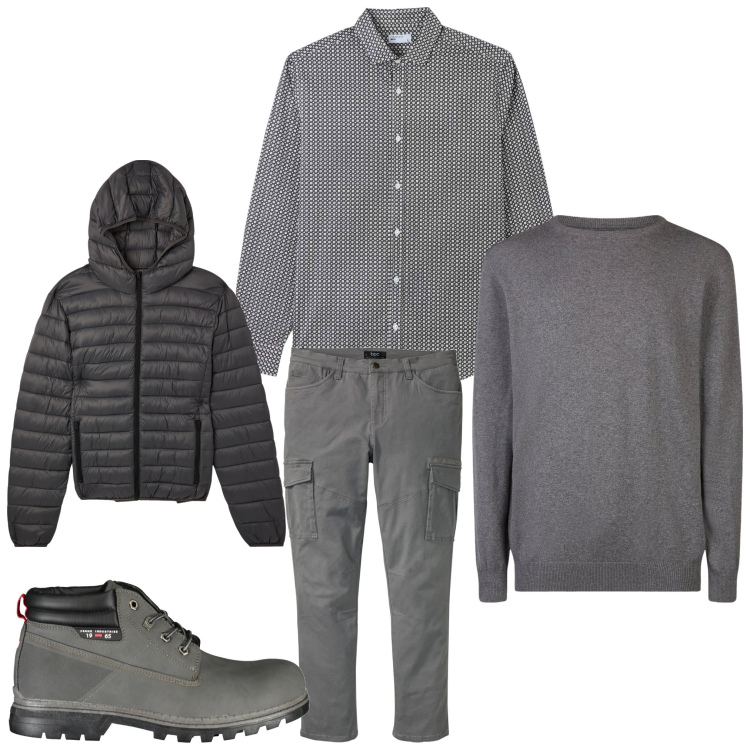 Outfit uomo - Grigio 2025. Stile Casual per Ufficio. Abbinamento con pantaloni cargo, camicie, giacche, maglieria, stivali.