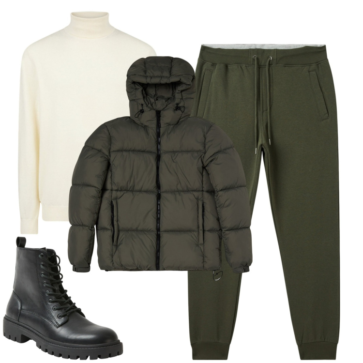 Outfit uomo - City. Stile Casual per Tutti i giorni. Abbinamento con pantaloni, piumini, anfibi, maglieria.