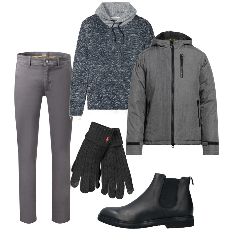 Outfit uomo - In centro. Stile Casual per Tutti i giorni. Abbinamento con maglieria, stivali e stivaletti, giacche, guanti, pantaloni.