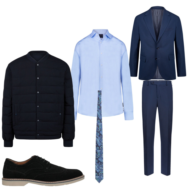 Outfit uomo - Serata in blu. Stile Business/Elegante per Serata speciale. Abbinamento con scarpe stringate, abiti, camicie, cravatte, piumini.