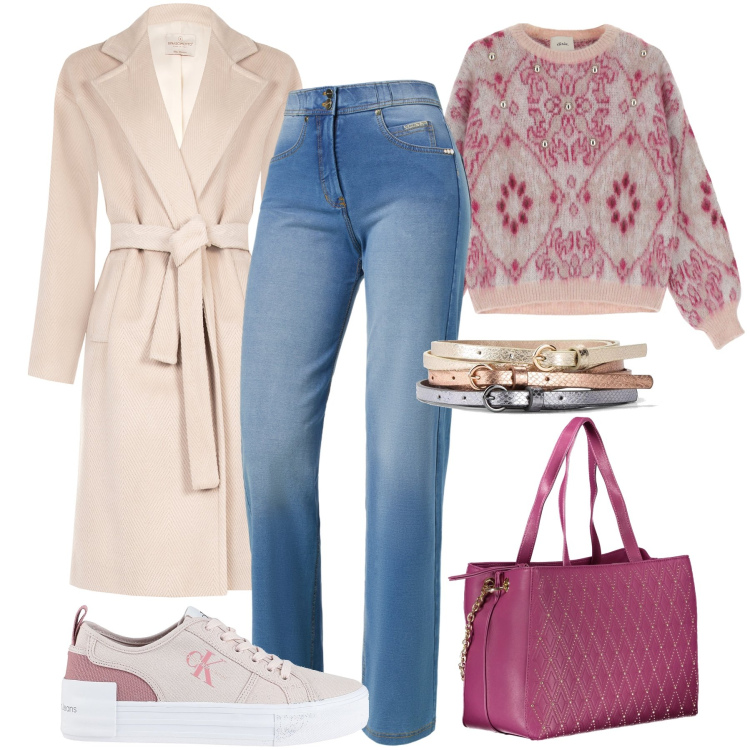Outfit donna - Maglione jacquard e cappotto over. Stile Urban per Tutti i giorni. Abbinamento con cinture, sneakers, cappotti, jeans, maglieria, borse a spalla.