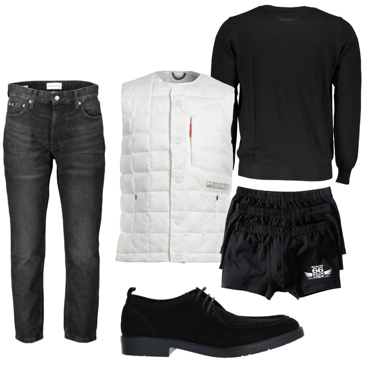 Outfit uomo - Black and white. Stile Casual per Ufficio. Abbinamento con boxer, scarpe stringate, piumini, maglieria, jeans.