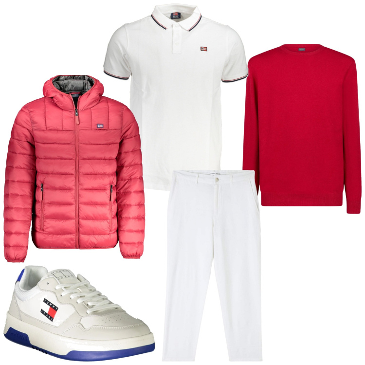 Outfit uomo - Bianco e rosso. Stile Casual per Tutti i giorni. Abbinamento con pantaloni, maglieria, sneakers, giacche, polo.