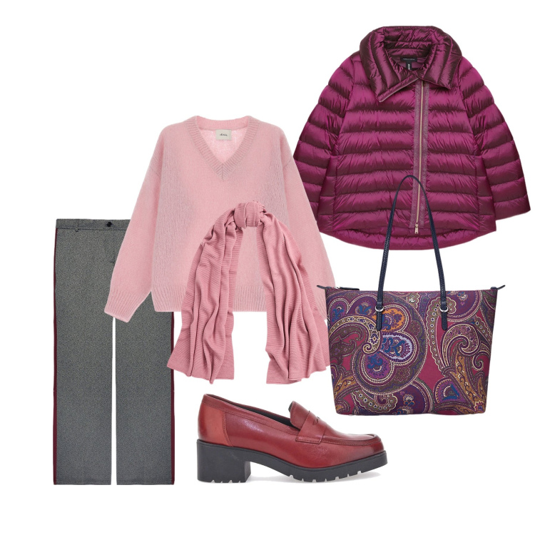 Outfit donna - Caldo gennaio. Stile Casual per Tutti i giorni. Abbinamento con pullovers, borse tote, sciarpe, mocassini, piumini, pantaloni a palazzo.