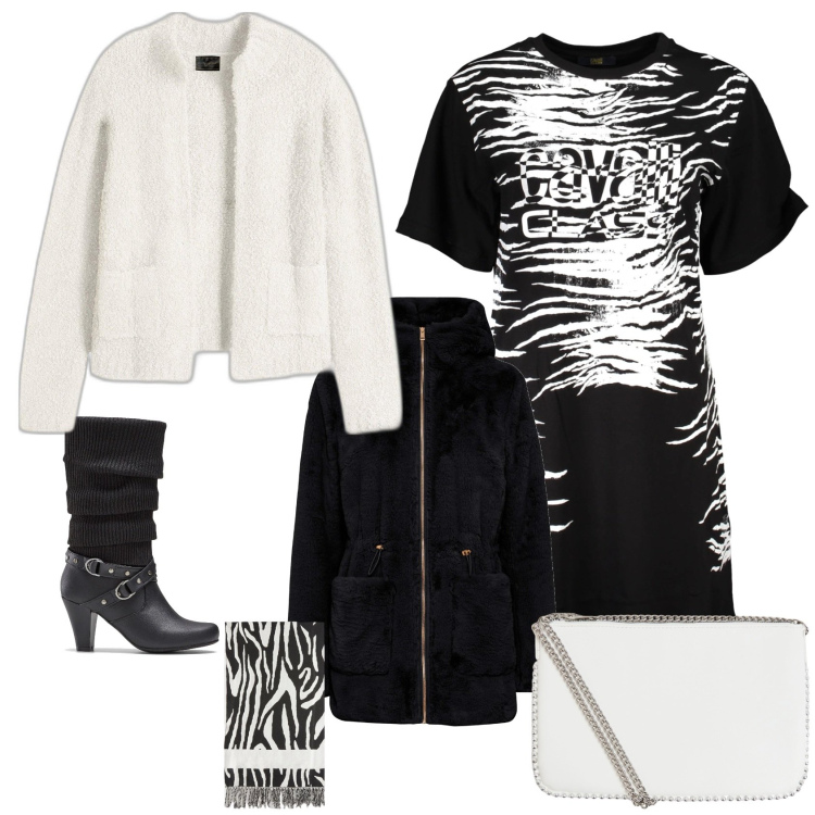 Outfit donna - Caldo zebrato. Stile Sporty chic per Tutti i giorni. look ideale per Petite. Abbinamento con stivali, ecopellicce, cardigans, borse a tracolla, vestiti corti, sciarpe.