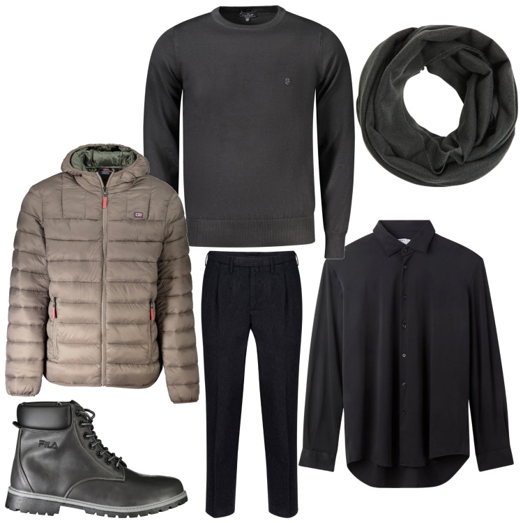 Outfit uomo - Tono su tono. Stile Business/Elegante per Ufficio. Abbinamento con sciarpe, camicie, giacche, stivali, pantaloni, maglieria.