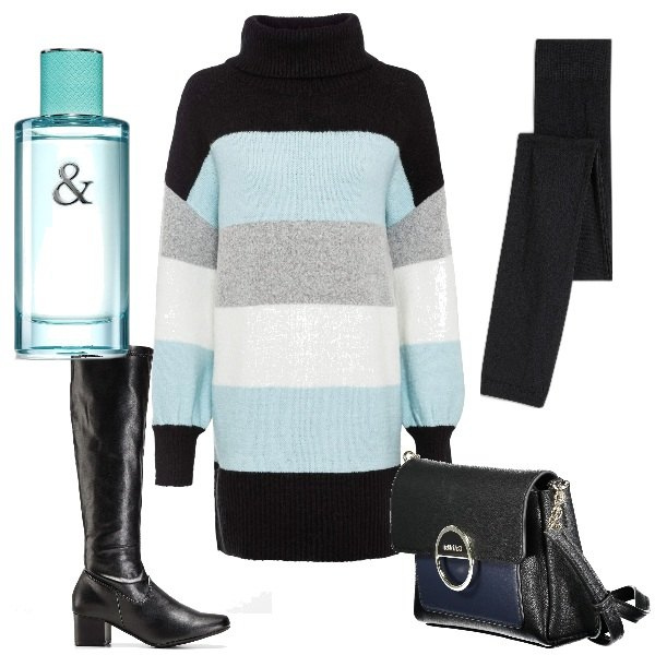 Outfit donna - Leggins invernali. Stile Urban per Ufficio. Abbinamento con maglieria, stivali, leggings, profumi, borse a tracolla.