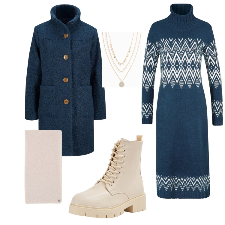 Outfit donna - Blu weekend. Stile Basic per Serata fuori. look ideale per Tall. Abbinamento con cappotti, collane, vestiti midi/longuette, anfibi, stole.