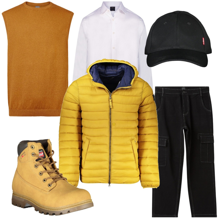 Outfit uomo - Look vibrante. Stile Urban per Tutti i giorni. Abbinamento con pantaloni cargo, camicie, gilet, stivali, cappelli con visiera, giacche.